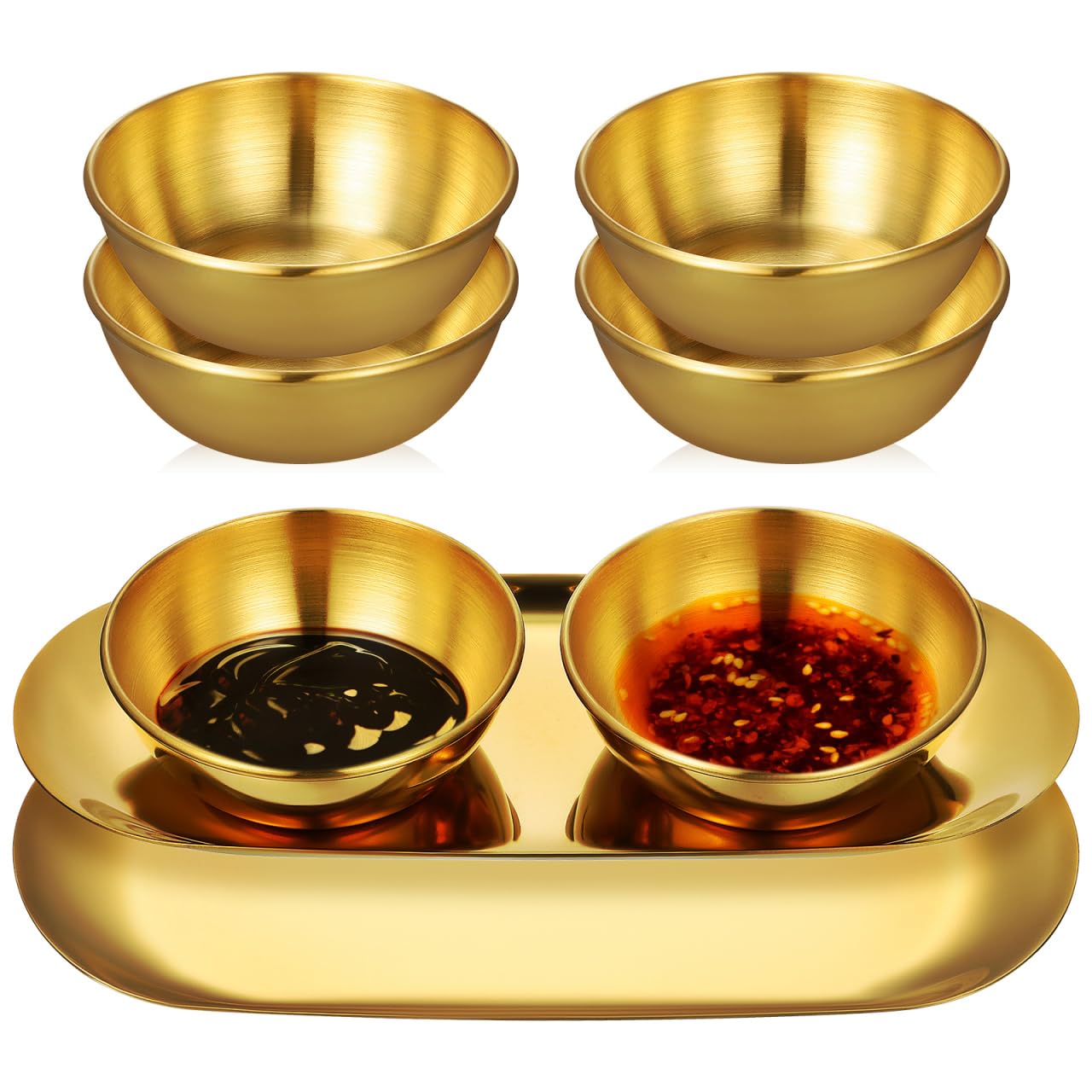 AUTSUPPL Gold Stainless Steel Sauce Bowl Tray Set with 6 Small Dipping Bowls and 2 Decorative Oval Trays for Sushi Seasoning and Home Dining