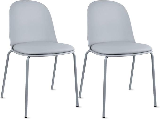 2xhome Set of 2 Modern Stackable Armless Dining Chairs, Plastic Shell Seat with Upholstered PU Leather CushionPadded Seat Metal Legs for Home Kitchen Patio Cafe, Gray