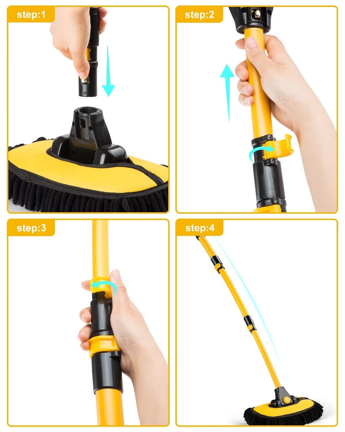 lesasas Car Wash Brush Kit with Extendable 50-102cm Handle, Soft Chenille Microfiber Mop & Mitt, 15° Bend Pole, Scratch-Free Auto Cleaning Tool for Car Van SUV Exterior