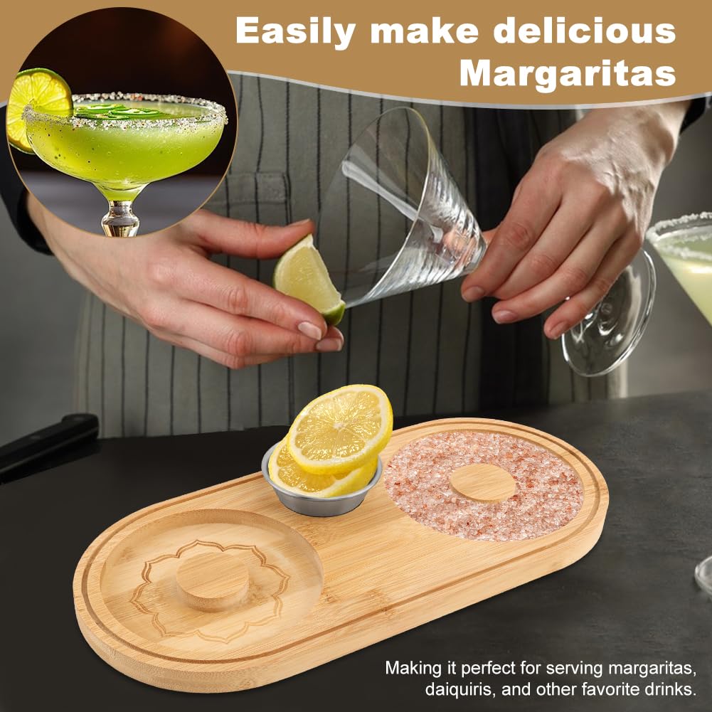 Margarita Salt Rimmer Set, Sugar and Salt Rimmer for Cocktails with Bowl and Lemon Squeezer, Wood Bamboo Salts Rimmers for up to 4.72" Rims, Margarita Kit and Bartender Tool
