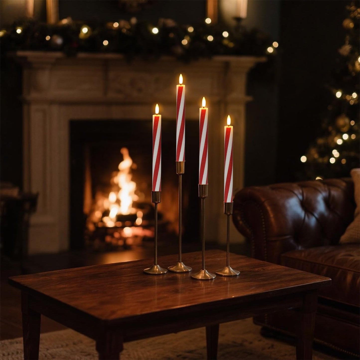 DRomance Christmas Flameless Taper Candles Flickering Battery Operated with Remote Timer, 2 Pack Real Wax 3D Wick LED Taper Candles Candy Cane Decals Holiday Indoor Dinner Decor(0.76" D x 9.65" H)