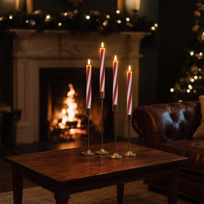 DRomance Christmas Flameless Taper Candles Flickering Battery Operated with Remote Timer, 2 Pack Real Wax 3D Wick LED Taper Candles Candy Cane Decals Holiday Indoor Dinner Decor(0.76" D x 9.65" H)