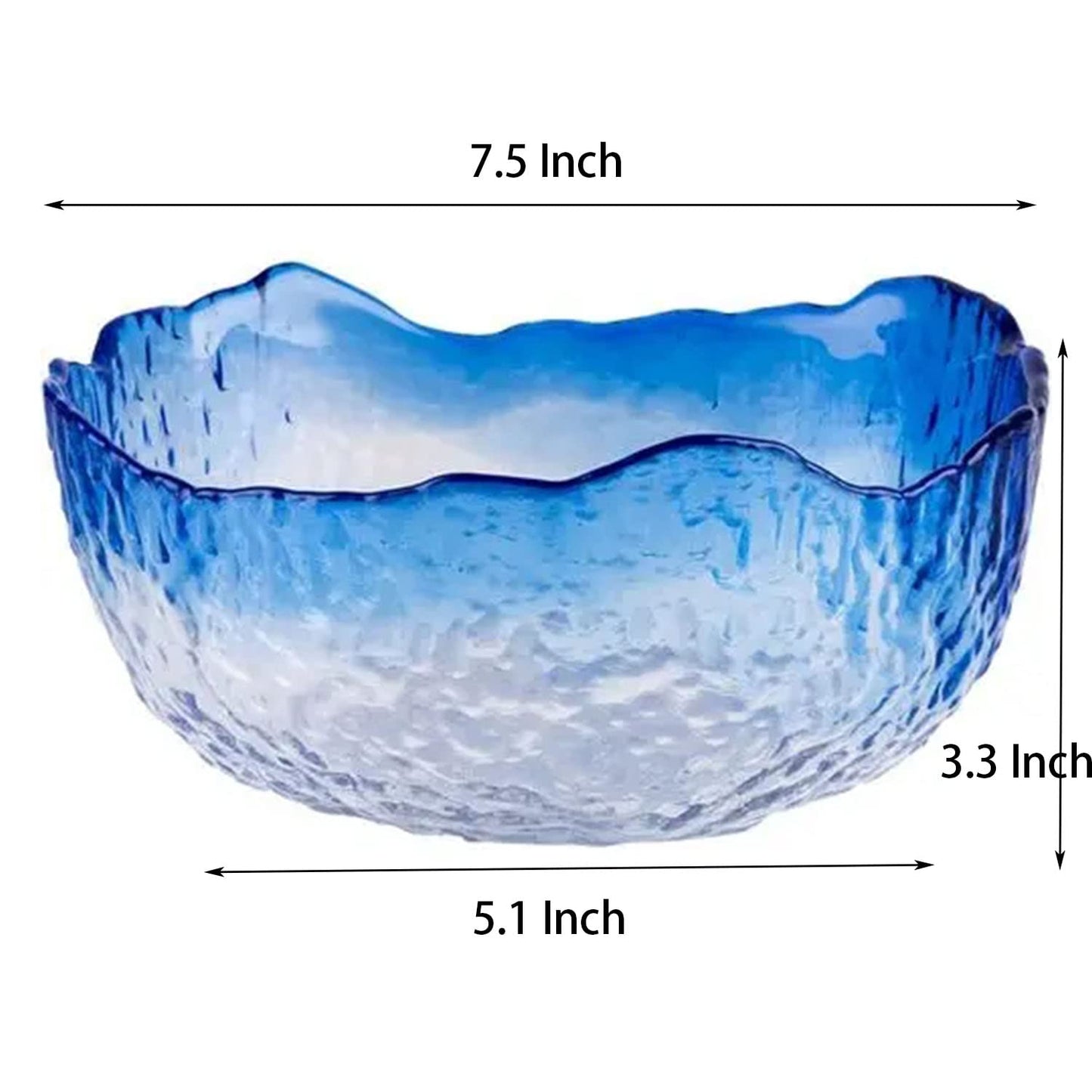 Halyuhn 8 Inch Blue Clear Glass Salad Bowl, 50 OZ Irregular Mixing Bowl with 3 Inch Wall, Decorative Hammered Round Serving Bowl with Wavy Edge for Fruit, Candy Dish, Dining Party, L