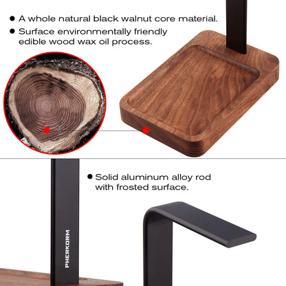 PHERKORM Walnut Wood & Aluminum Headset Holder, Desktop Headphone Stand, Universal headphone holder for most music gaming headsets - Black Walnut