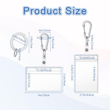 4PCS ID Holder Keychain with Stretchable Spiral Wristband and Carabiner Clip, Transparent Card Holder Keychain, Retractable Wrist Coil ID Badge Holders for Gym Sports Camping Women Men
