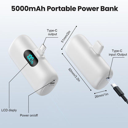 Mini Portable Charger USB C Power Bank,Upgraded 5000mAh PD Fast Charging Battery Pack Built-in USB-C Connector,LCD Display,Compatible with iPhone16,16 Plus,16Pro/Max/15,iPad Pro/Air,Android Phone etc