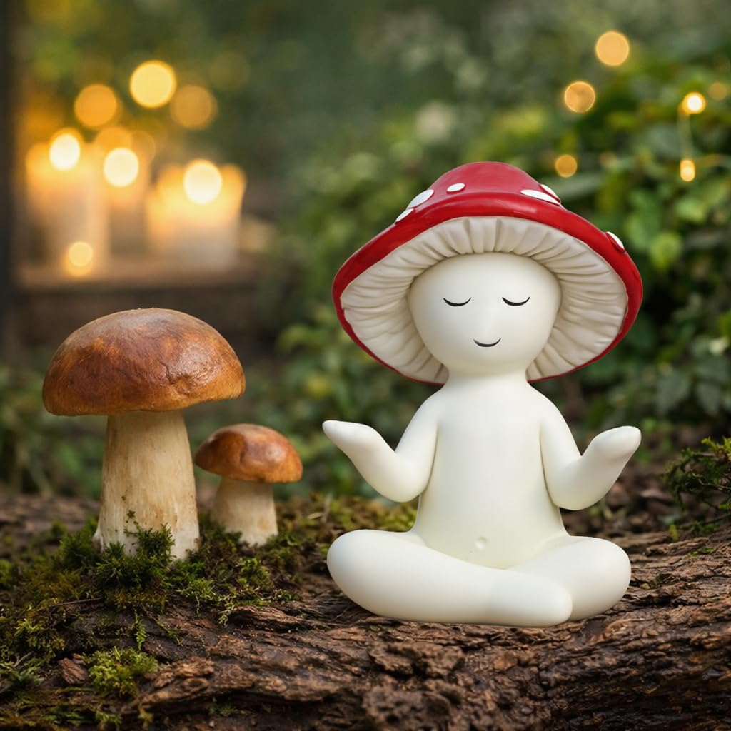 LocusArs Meditation Mushroom Statue Yoga Mushroom Figurine Tabletop Decor for Home Shelf Office Coffee Table Garden Yard Patio Mushroom Meditation Sculpture Gift for Women Friends Mom Decoration