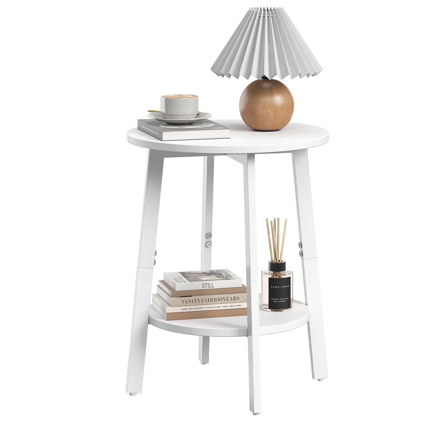 sthmec Side Table, Small Round End Table with Storage Shelf for Small Space, 2-Tier Bedside Table Sofa Couch Table, Round Accent Table Nighstands for Living Room, Bedroom,White