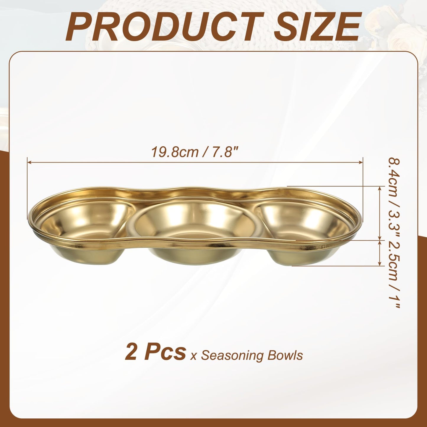 uxcell 3 Inch Mini Stainless Steel Sauce Dish, 2 Pcs Round Seasoning Bowls Appetizer Plates Condiment Bowl for Salad Side Dishes Sushi Dipping Ketchup, Gold 3-Compartment