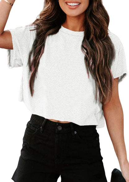 UNCLECAT Women's Cropped T Shirts Trendy Short Sleeve Crew Neck Crop Tops Solid Basic Tee White