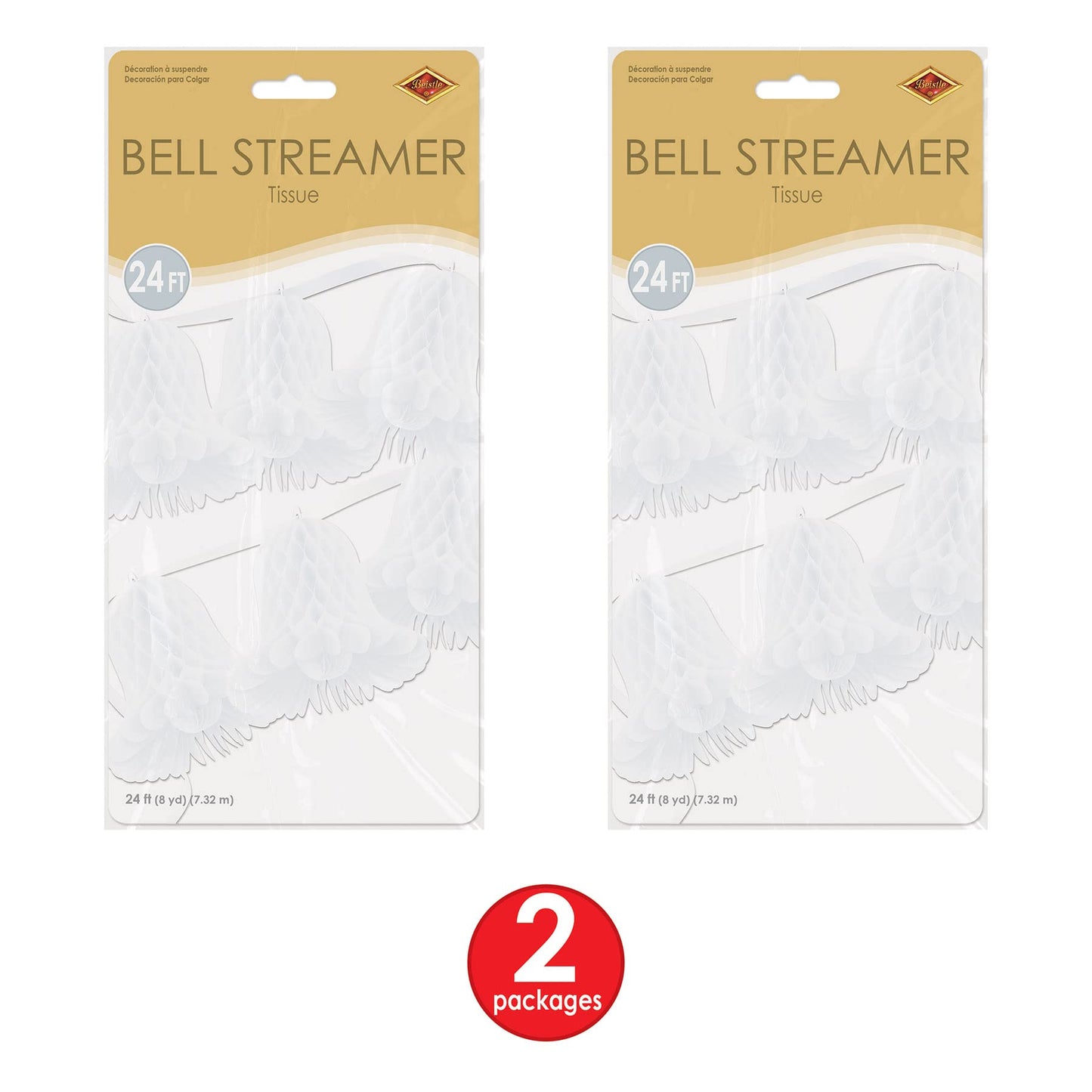Beistle White Tissue Bell Streamers – 2 Hanging Bell Garland Decorations with Honeycomb Bells and Ribbon for Weddings, Bridal Showers, Engagement Celebrations and Bachelorette Party Decor, 24' Each