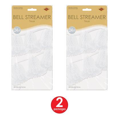 Beistle White Tissue Bell Streamers – 2 Hanging Bell Garland Decorations with Honeycomb Bells and Ribbon for Weddings, Bridal Showers, Engagement Celebrations and Bachelorette Party Decor, 24' Each
