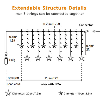 Blingstar Star Christmas Lights 138 LED 12 Star Curtain Lights 8 Flashing Mode Window String Lights 8.2ft Connectable Hanging Lights for Indoor Bedroom Ramadan Eid Wedding Backdrop Decor, Warm White