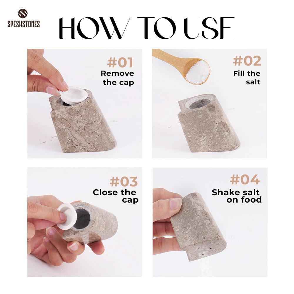 SPESHSTONES Marble Salt and Pepper Shakers 2.5 Inch Handmade Salt and Pepper Containers for Dining Table Décor - Modern Salt Shakers for Kitchen Counter, Seasoings Salt & Spice Shaker Sets