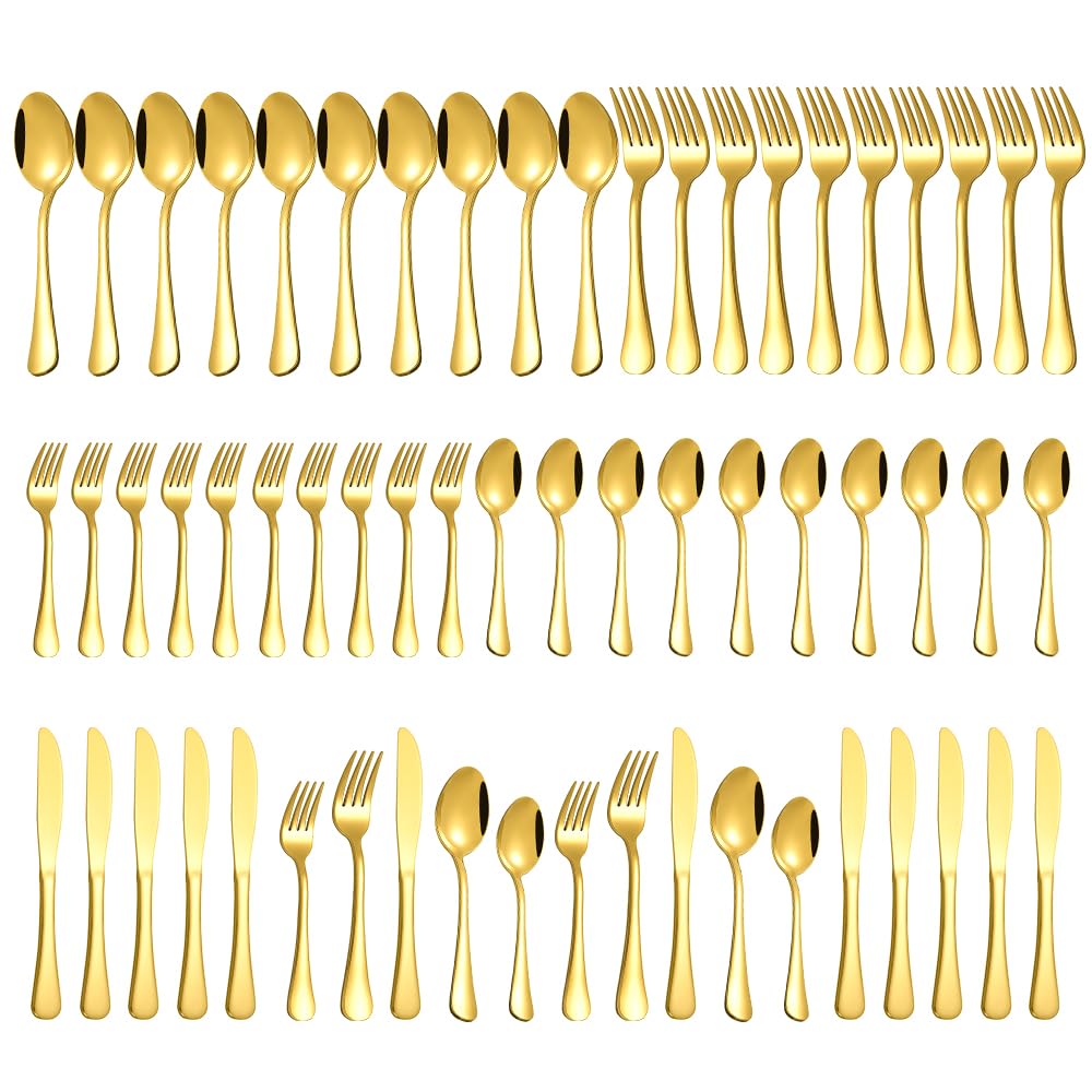 Gold Silverware Set for 12, Compralo 60 Pieces Stainless Steel Shiny Gold Flatware Set, Cutlery Tableware Set Include Spoons, Forks, Knives for Home and Restaurant