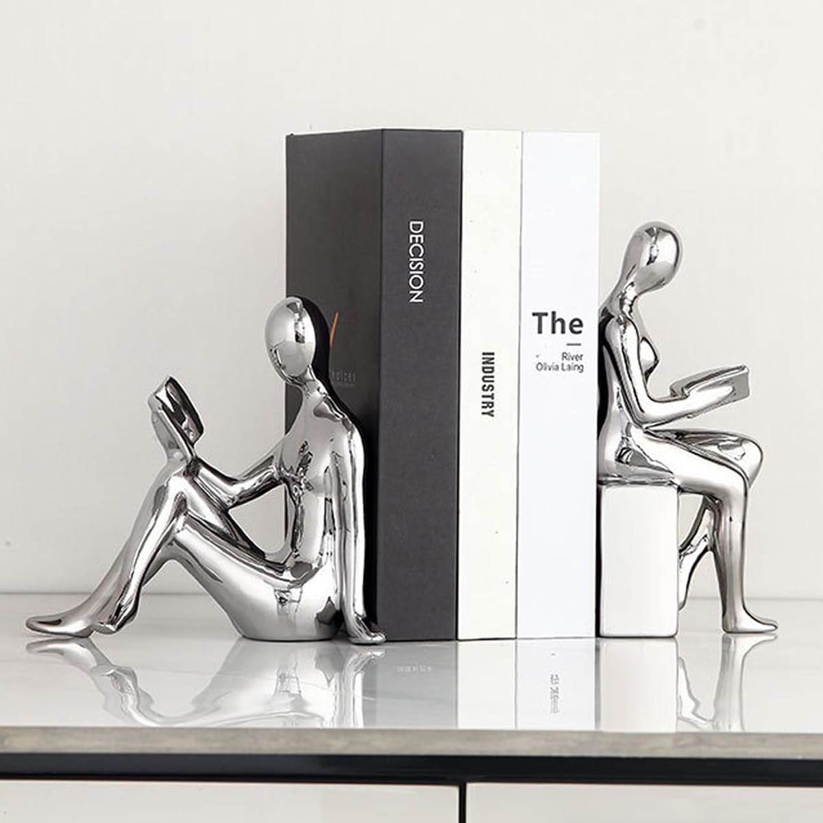 Decorative Bookends, Ceramic Book Ends for Shelves, Home Office Decor Aesthetic Book Stopper Reading Book Holders Statues for Bookshelf Bedroom Living Room Decoration (Silver)