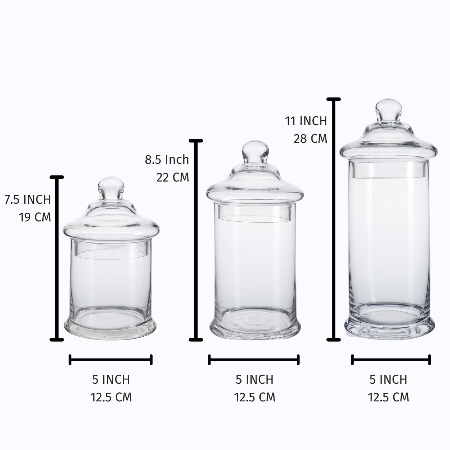 Glass Apothecary Jars with Lids, Set of 3 - Bathroom Storage Organizer for Qtips, Cotton Balls, Bath Salts, Candy, Kitchen & Home Decor (11", 8.5", 7.5" Heights)
