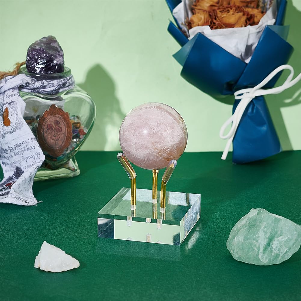 NBEADS 2 Sets Gold Metal Arm Display Stand, Crystal Display Stand Rock Display Stands Easel with Acrylic Base Decorative Easel Holder for Crystal Ball Eggs Mineral Geodes Rock, 2x2x1.9inch
