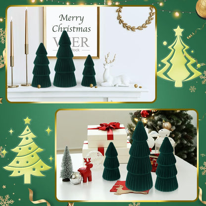 JOICEE Christmas Decorations Indoor, 3 Pcs Velvet Ceramic Christmas Trees Green Modern Cone Tabletop Trees for Xmas Winter Home Room Holiday Decorations Entryway Table Mantel Centerpiece Decor