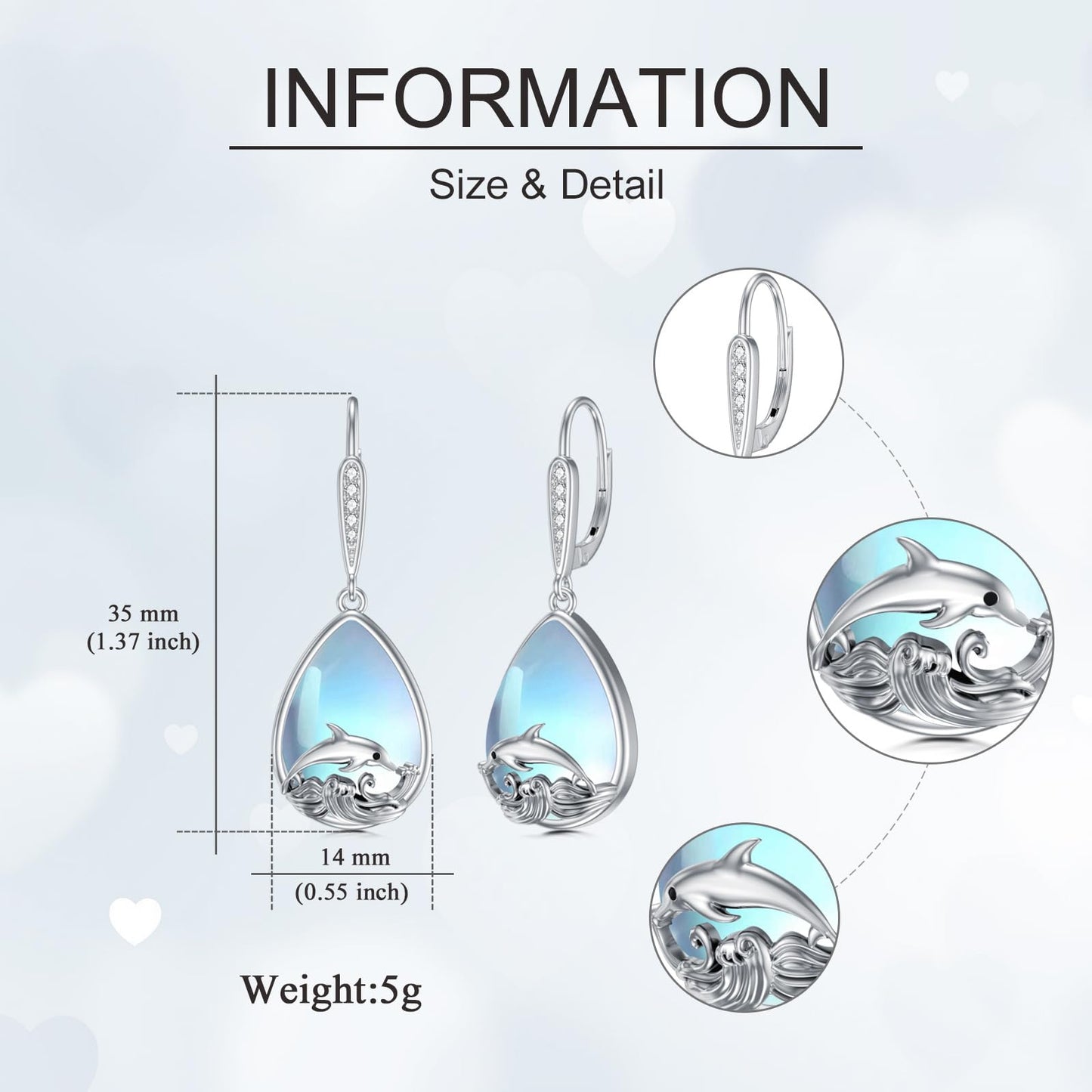 VONALA Dolphin Earrings 925 Sterling Silver Moonstone Leverback Earrings Waves Dangle Drop Dangling Earrings Ocean Animal Jewelry Gifts for Women
