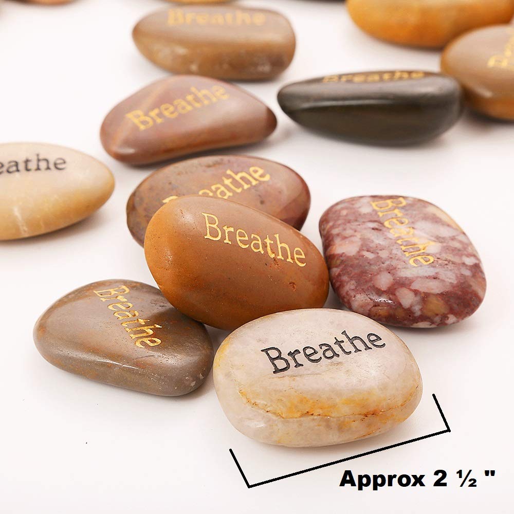 ROCKIMPACT 50PCS Breathe Breathe Stone Engraved Inspirational Stones Bulk Encouragement Motivational Gifts Zen Healing Inspiring Rocks Prayer Word Stones Wholesale Breathe Rock,2"-3" Each