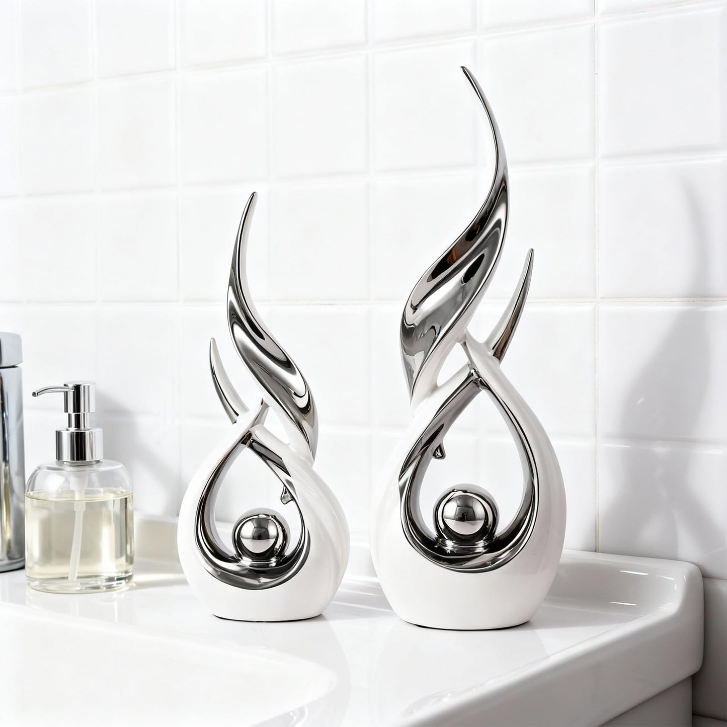 DOVDOV 2-Piece Abstract White and Silver Home Decor, Ceramic Abstract Sculptures, Modern Art Pieces, Suitable for Room Coffee Tables, Office Bookshelves, Dining Table Centers, entryway Decor.
