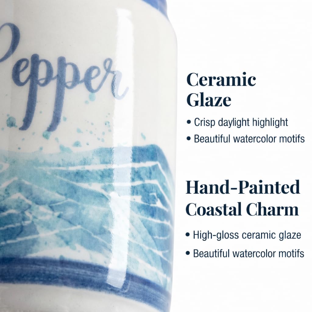 Beachy Blue Fish & Ocean Waves Ceramic Salt & Pepper Shakers