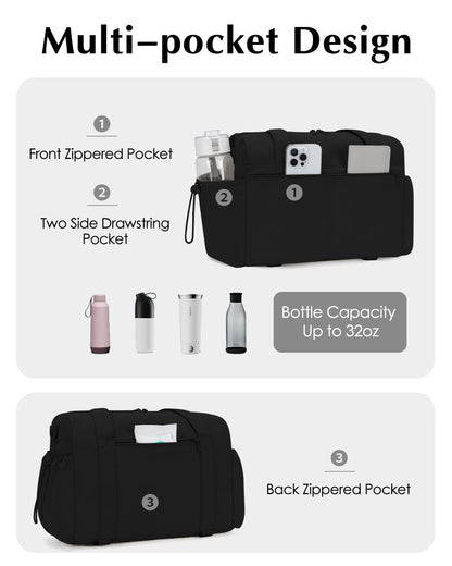Small Gym Bag, Mini Gym Bag for Women with Yoga Mat Holder and Wet Compartment, Cute Mini Puffer Duffle Bag with Water Bottle Pocket for Workout Yoga Dance, Puffer Black