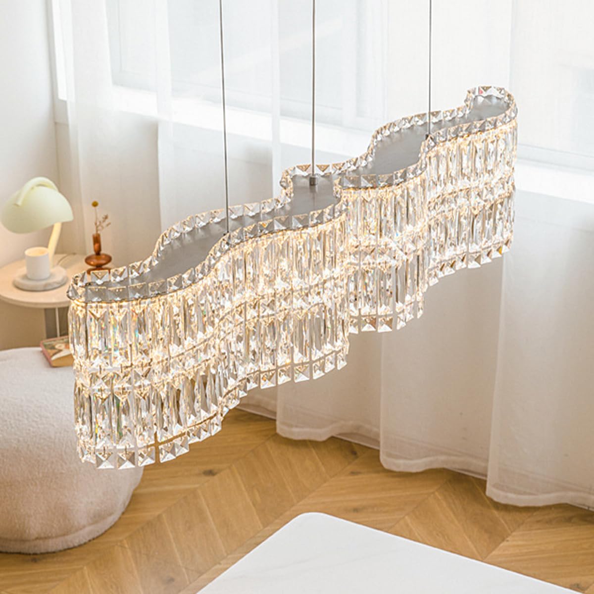 Dfxinyuan Modern Rectangle Crystal Chandeliers for Dining Room 31.4″ Linear Glass Chandelier Pendant Light Fixture for Kitchen Island Living Room, L31.4″×W13.7″×H8.6″