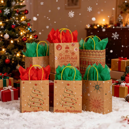 24 Christmas Kraft Gift Bags with 24 Tissue Papers, 7 x 8.6 x 3 Holiday Goody Bags with Handles, Xmas Treat Bags for Party Favors, Classroom Exchange, Present Wrapping