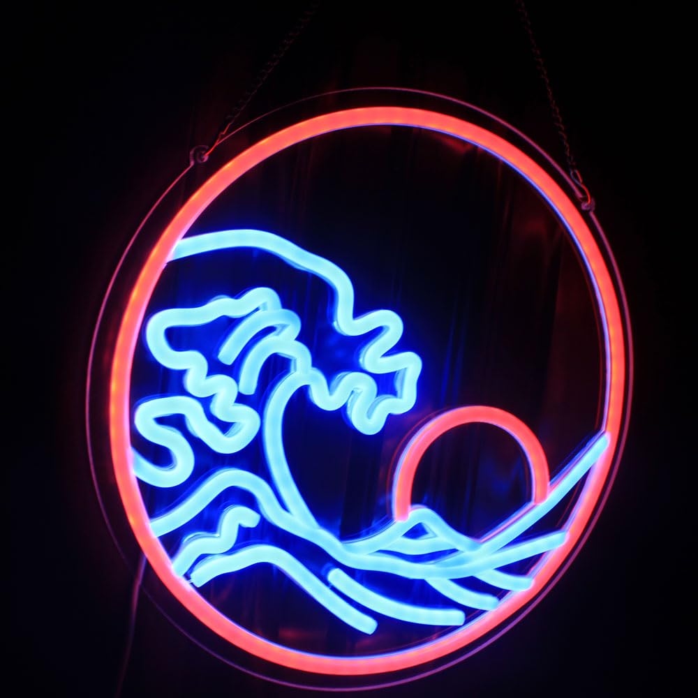 Sunset Sunrise Neon Sign Dimmable Sun On the Sea Neon Light for Wall Decor Wave Neon Signs Room Decor Bedroom for Men Cave Office Bar Birthday Party Christmas(Blue Red)