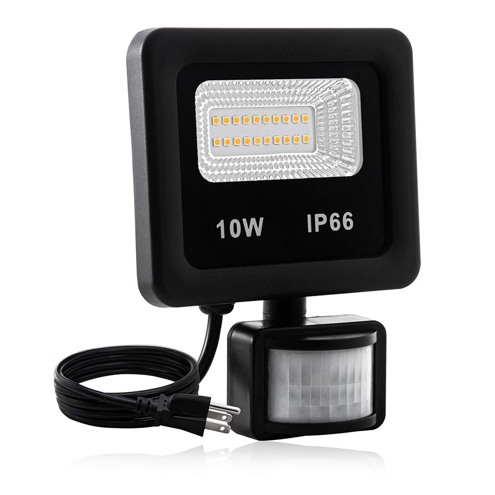 LEACOCO Motion Sensor Flood Light Outdoor,10W Security Light, IP66 Waterproof Outdoor Light,1000LM,3200K Motion Security Lights with Plug for Garage Yard Patio Pathway Porch Entryways (Warm White)