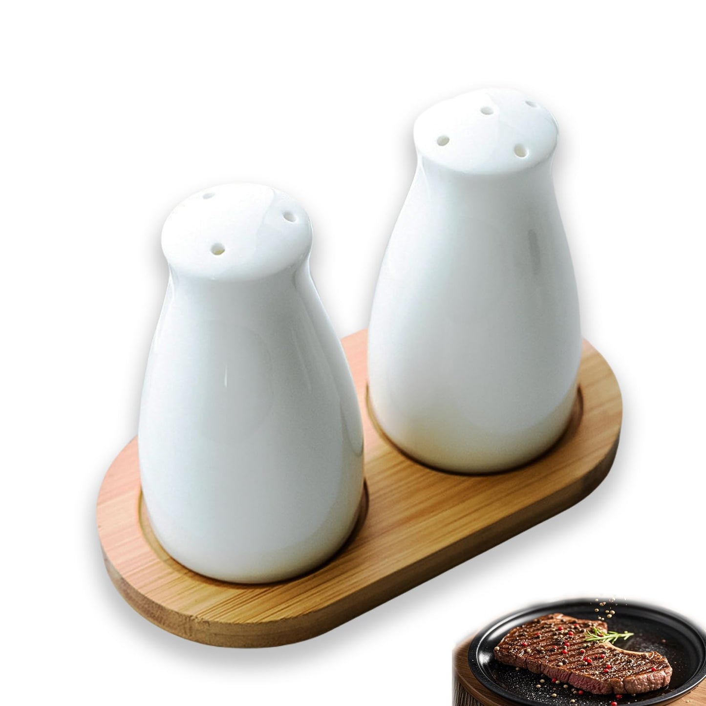 Ceramic Salt and Pepper Shakers Set with a Bamboo Tray,Farmhouse White Salt Shaker for Cooking,Travel,BBQ, Kitchen and Resturant Decor Set of 2