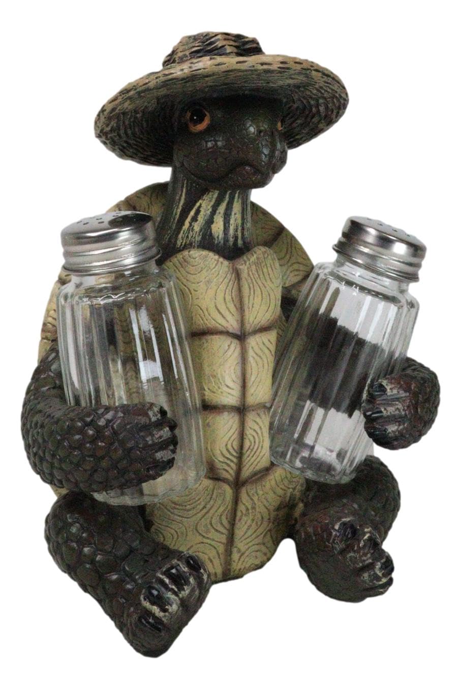 Ebros Slow Seasons Outdoors Camping Turtle With Wicker Hat Salt And Pepper Shakers Holder Figurine 7"H Turtles Tortoise Tortoises Themed Decor Animal Reptile Ocean Nautical Sea River Animal Sculpture