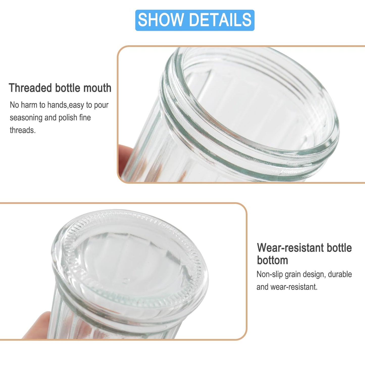 RUIQINQI 12 oz Retro Style Glass Sugar Shakers Dispenser, Glass Jar, Sugar Shaker, Stainless Steel Pour-Flap Lid, For Sugar/Cinnamon/Bee Pollen/pepper and other spices (Perforated Lid-1pc)