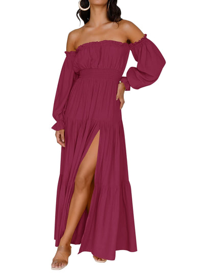 ZESICA Women's 2025 Boho Sexy Off Shoulder Long Sleeve Smocked High Waist Side Split Flowy A Line Tiered Long Maxi Dress