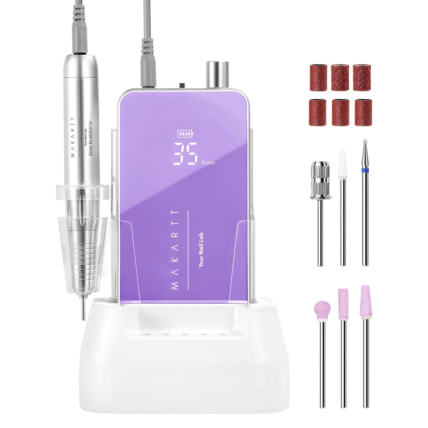 Makartt Nail Drill Professional: 60W 35000RPM Electric Nail File with Coreless Motor, 2 in 1 Desktop & Portable, Drill Bits and LCD Display for Acrylic Gel Nails, Nouvella Pink