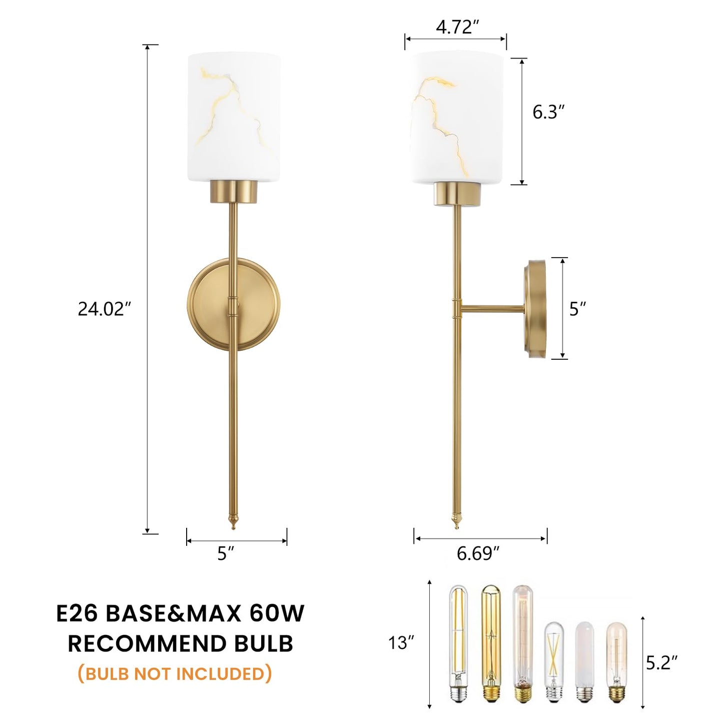 Mieloxiy Gold Wall Sconces Set of 2 with Marble Glass Shade, Modern Bathroom Vanity Light Fixtures for Bedroom, Hallway, Entryway, Living Room
