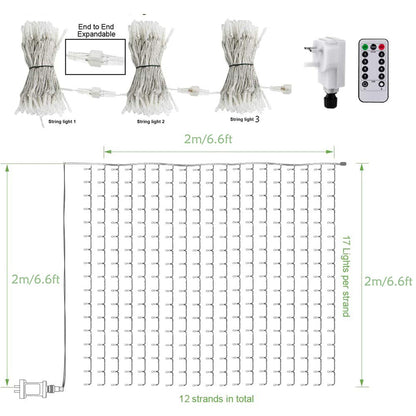 2MX2M Curtain Lights Mains Powered, Window Curtain Light Backdrop Indoor Fairy Lights Plug in for Room, Linkable,204 LED,Remote,Waterproof for Wall Gazebo Xmas(Warm White)