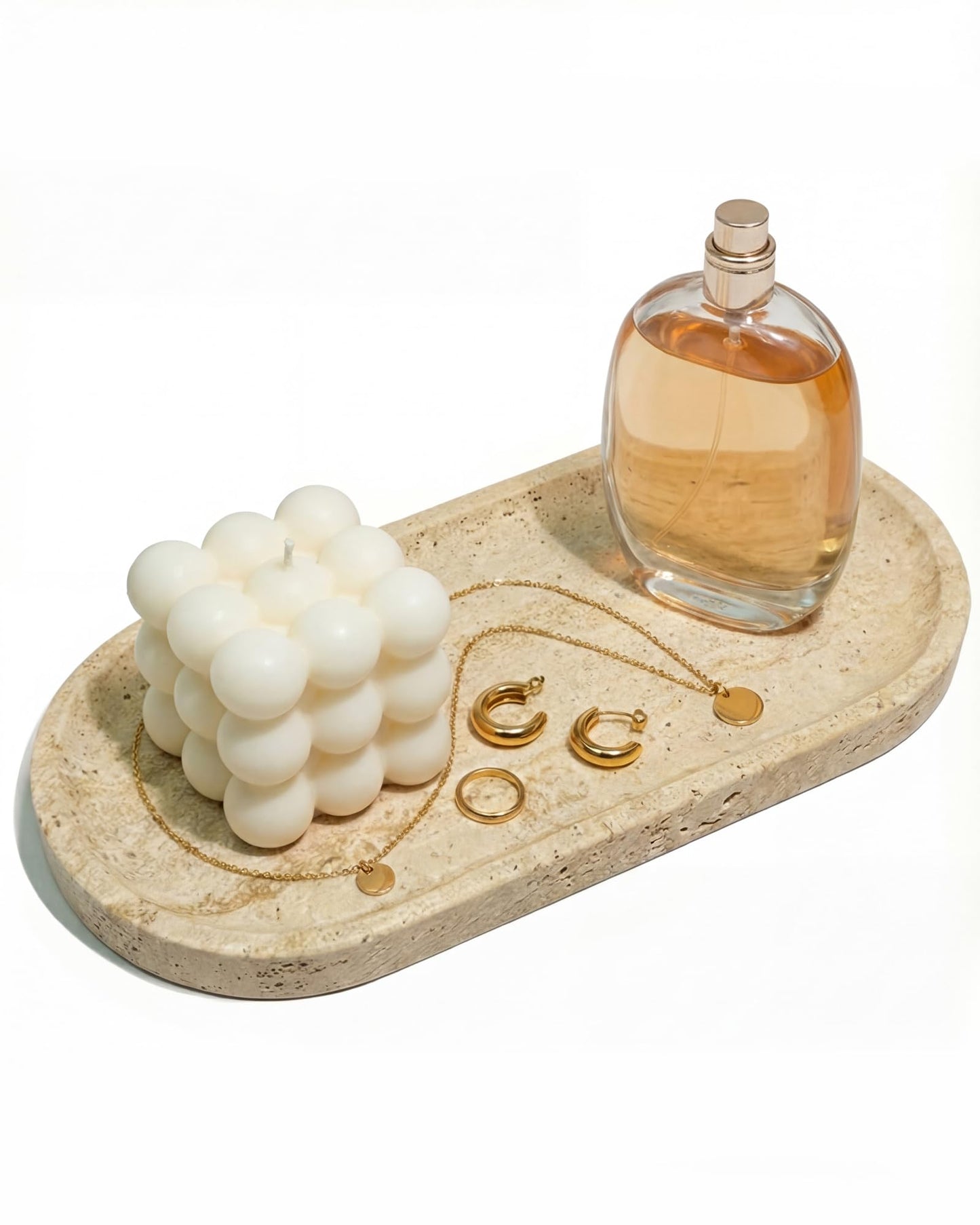 100% Natural Travertine Stone Tray for Perfume, Jewelry, Candle & Trinket Holder – Light Beige Stone Vanity Organizer for Bathroom, Coffee Table, or Living Room, 10"x5", Non-Resin/Ceramic