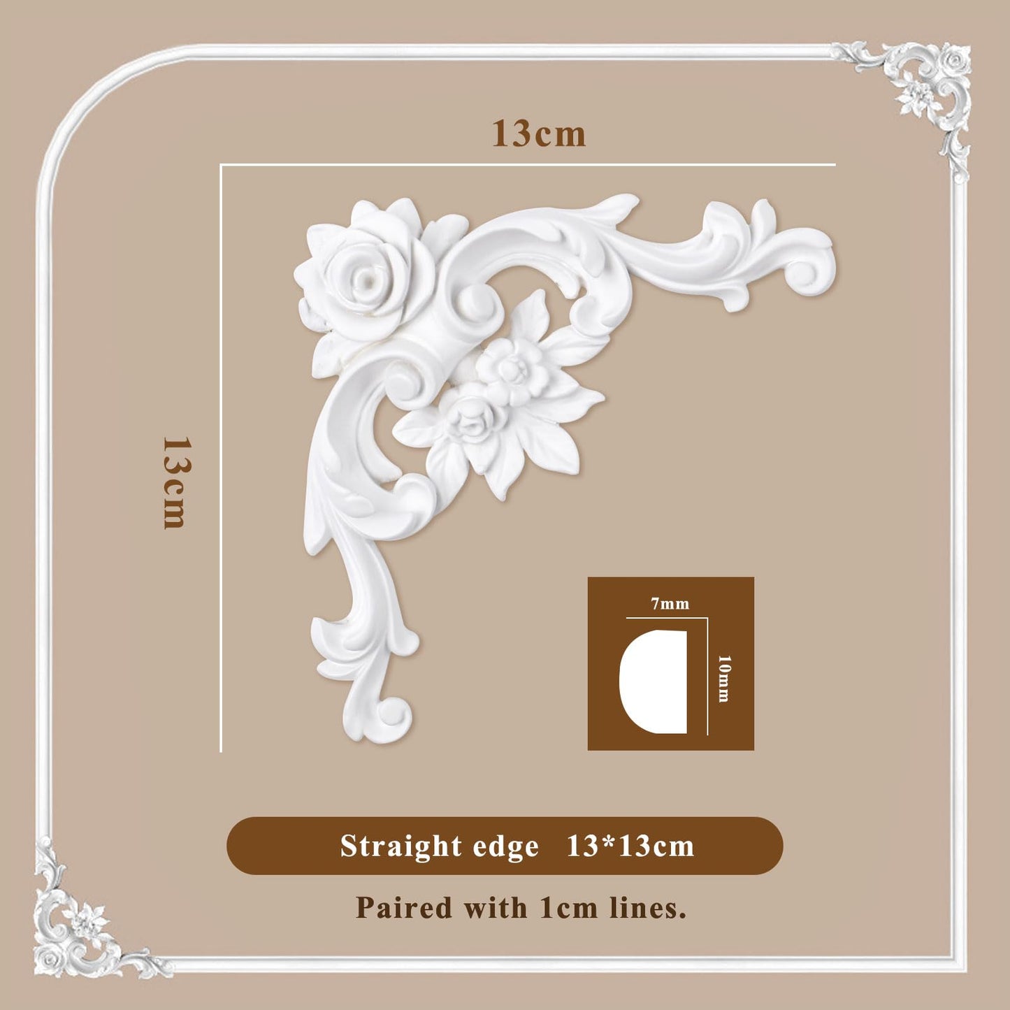 Corner Molding Ornament for Walls, French Style Decorative Accent with Floral Pattern, Rose Style Small, 4 Pieces