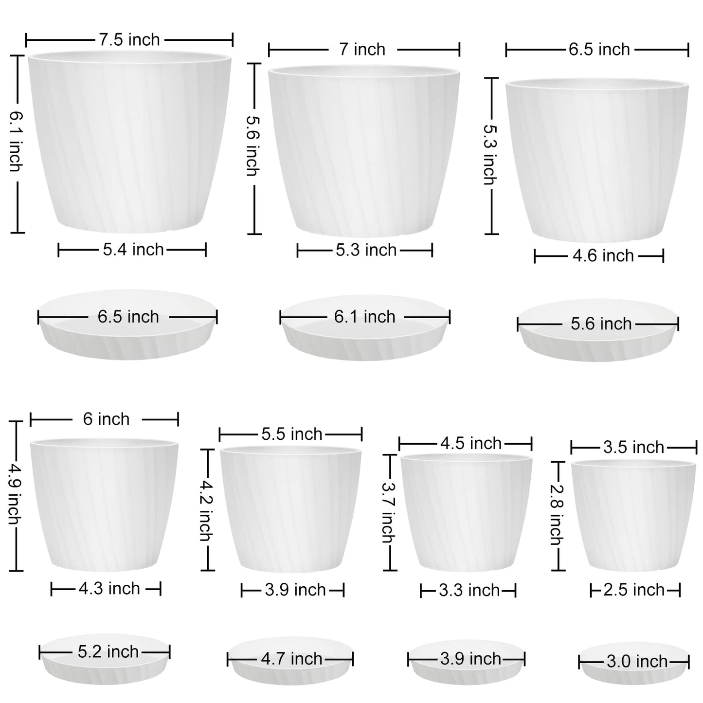 YNNICO 7 pcs Plant Pots with Drainage Holes and Saucers, Indoor Planters, Set of 7 (7.5, 7, 6.5, 6, 5.5, 4.5, 3.5 Inches), White