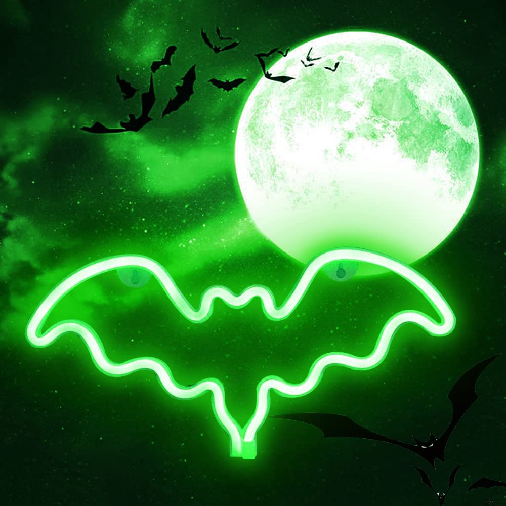 Vicila LED Neon Bat Lights, Bat Shape Neon Signs Night Lights Battery Operated Desk Table Lamp for Bedroom, Bar, Wall, Halloween Decor-Bat(Green)