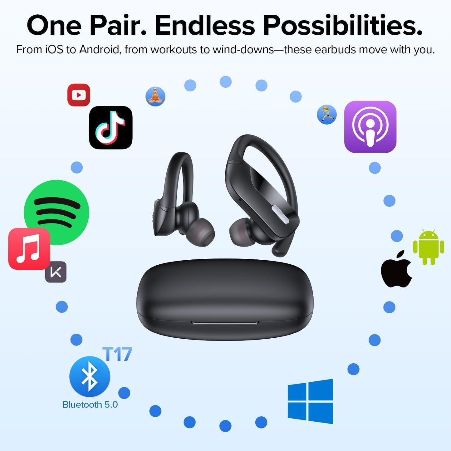 occiam Sport Wireless Earbuds Bluetooth Headphones 80hrs Playtime Deep Bass Ear Buds with Earhook Noise Cancelling Mic Waterproof Earphones for Workout Running Black