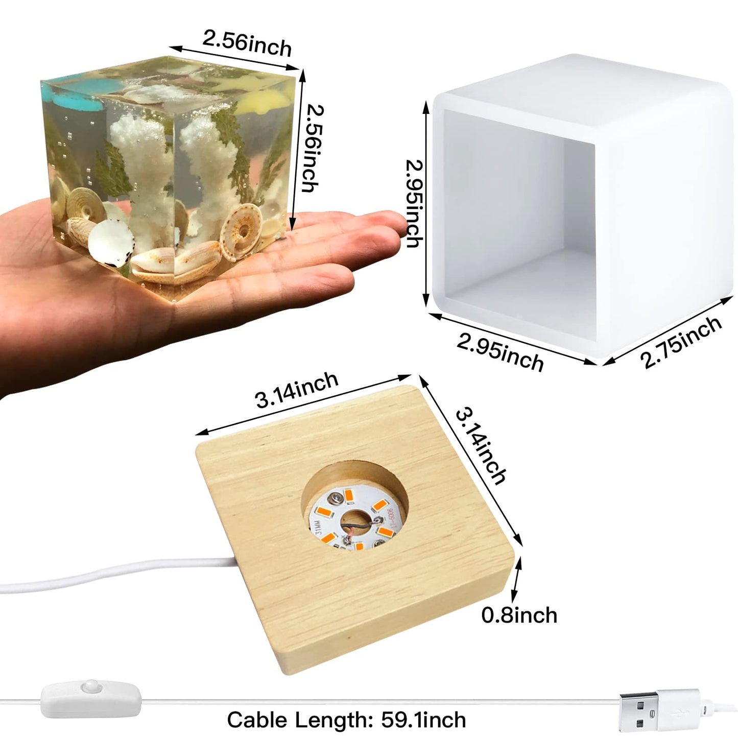 Voaesdk Light Resin Square Molds,Large Cube LED Silicone Moulds for Resina with USB Powered Wooden Lighted Base for DIY Crystal Resin Art Table Lamp Home Decoration