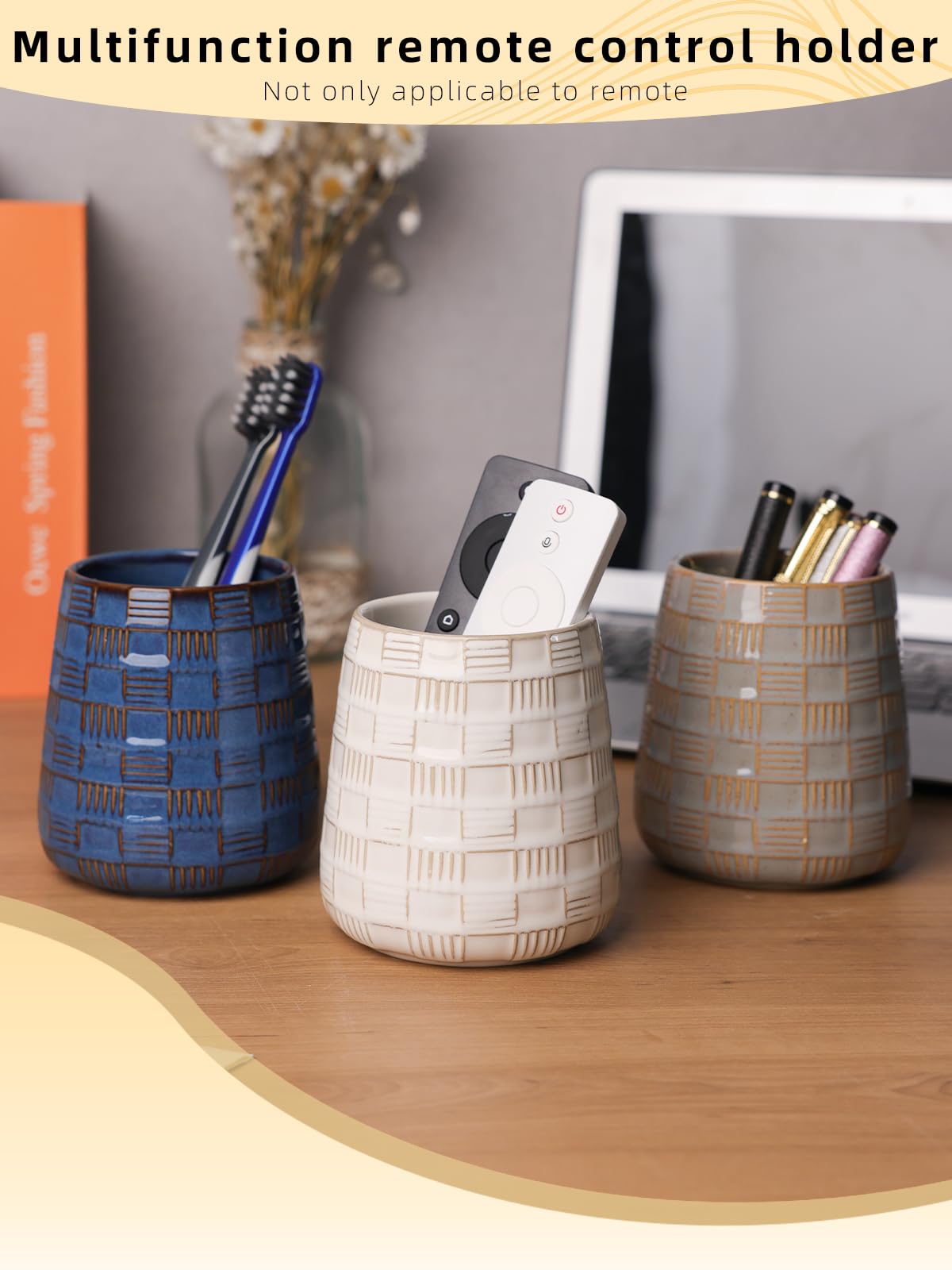 GDCZ Ceramic TV Remote Control Holder, Makeup Brush Pen Holder (White)