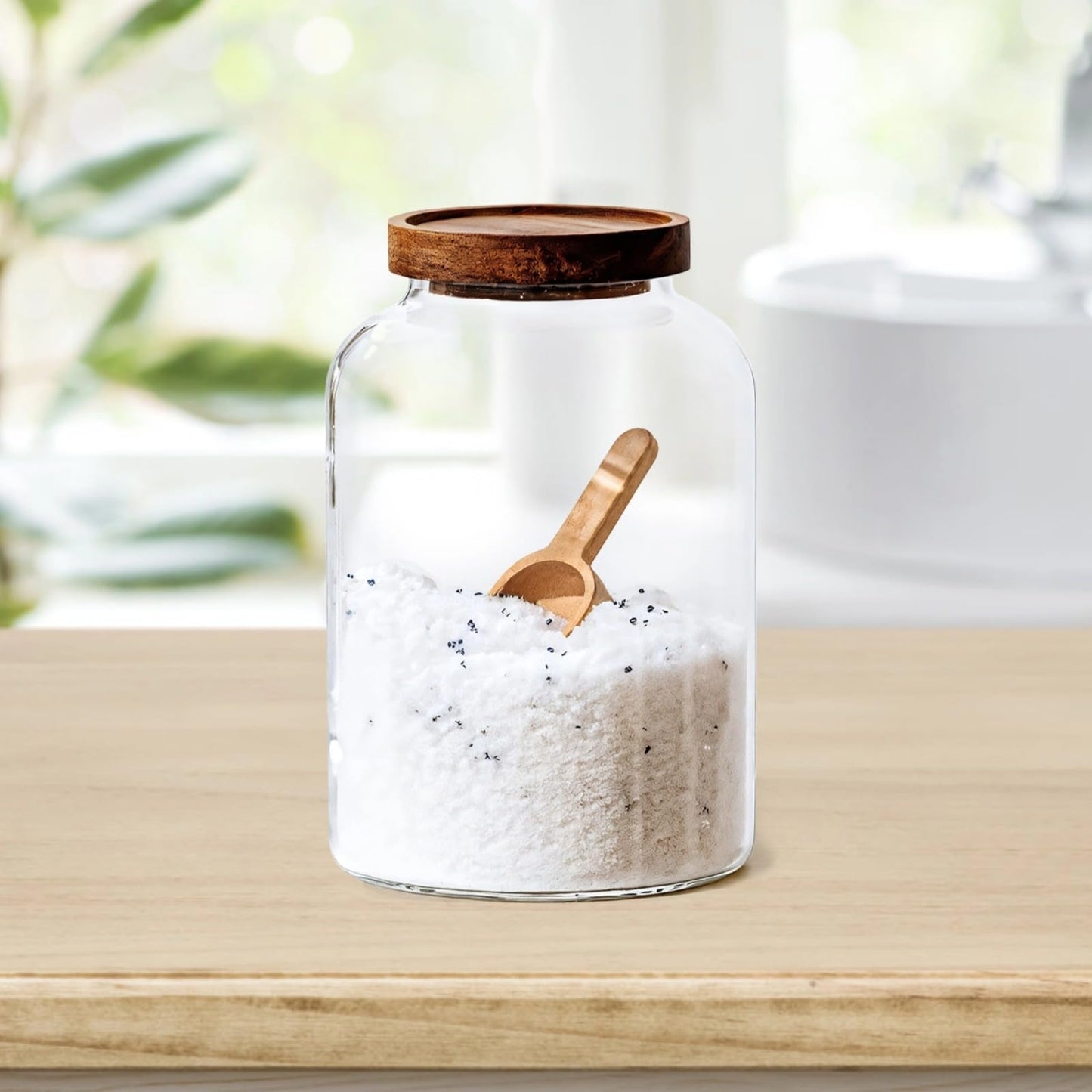 Varku 68oz Glass Tea Canister with Wooden Lid, Air-Tight Salt and Sugar Storage Container, Includes Beech Wood Short Spoon, Durable and Heat-Resistant, Ideal for Home Use