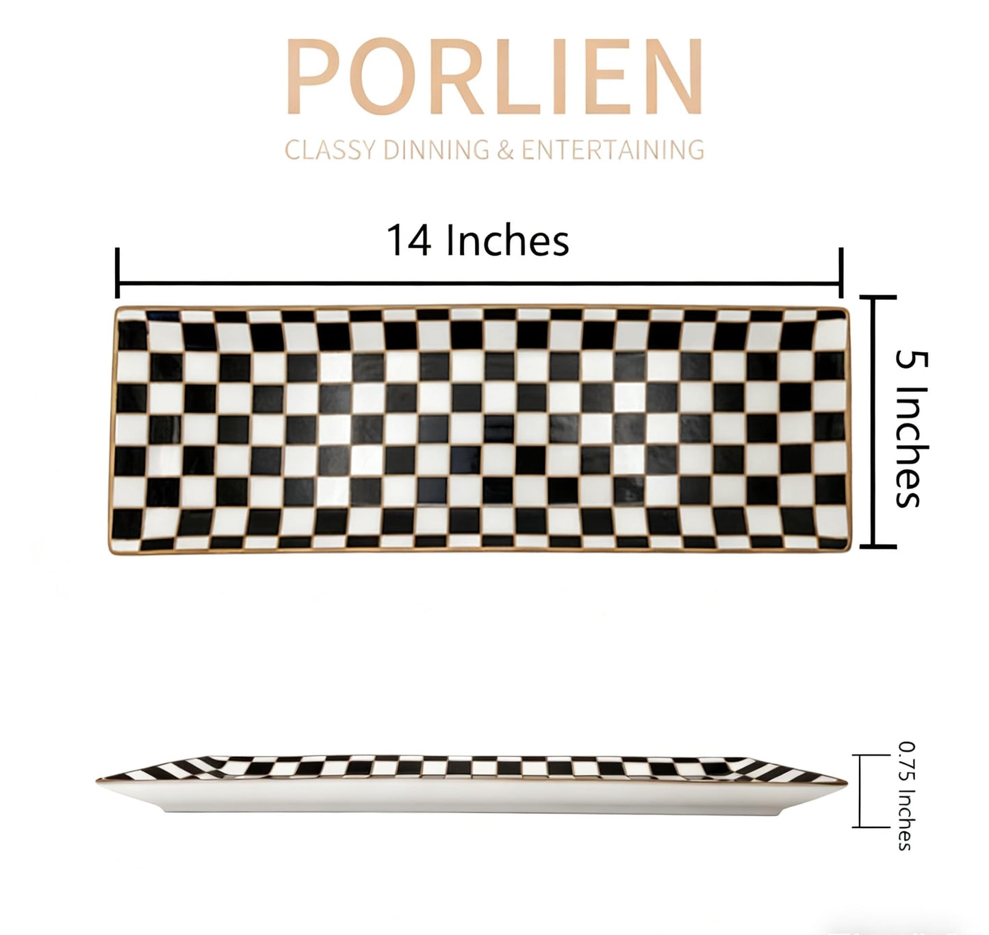 Porlien 14-inch Checker Black and White Rectangle Serving Platters Set of 3 for Party, Wedding and Entertaining, Rectangular Serving Plates, Serving Tray for Dinner, Appetizers and Desserts