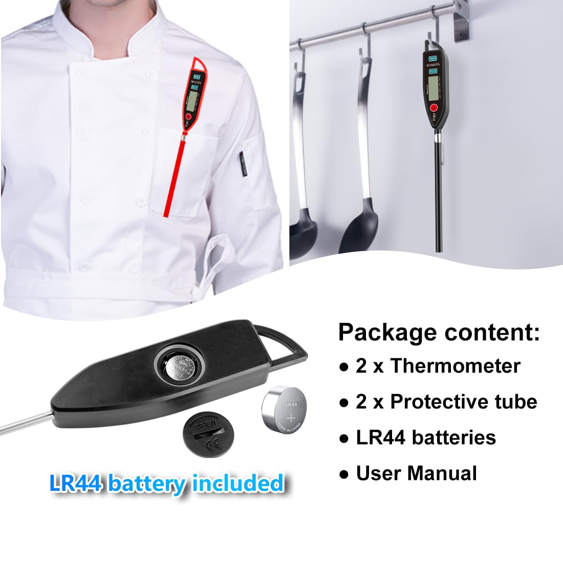 BOMATA 2 Pack Waterproof IPX7 Meat Thermometer Instant Read Food Thermometer with Long Probe for Water, Liquid, Kitchen Cooking, Grill,BBQ ! T101 X 2 Pcs (Black & Red)…