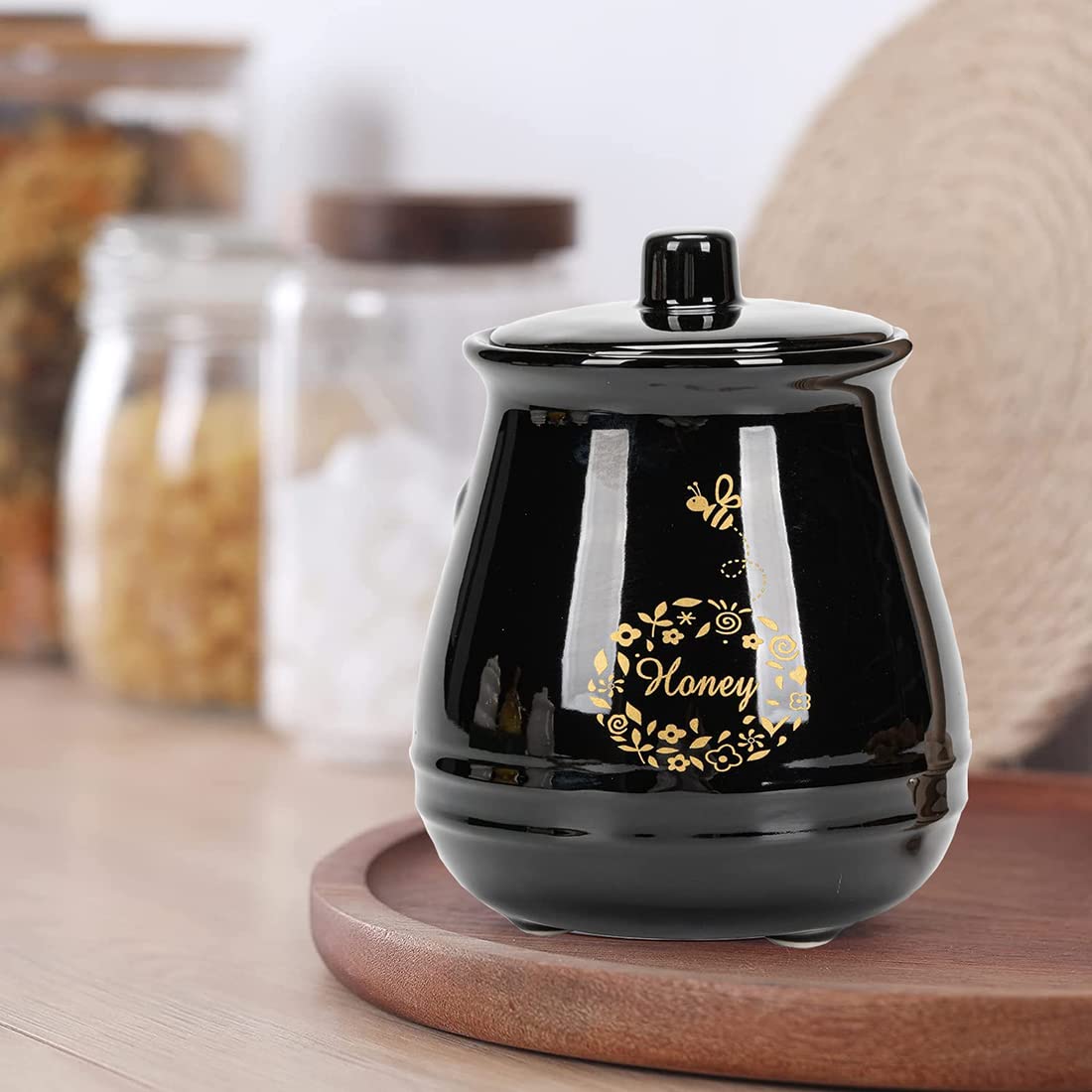 Kosmeey Ceramic Honey Jar With Wooden Honey Dipper - Honey Pot With Dipper - Black Honey Dispenser with Stand, Great Bee Decor- Farmhouse Kitchen Decoration